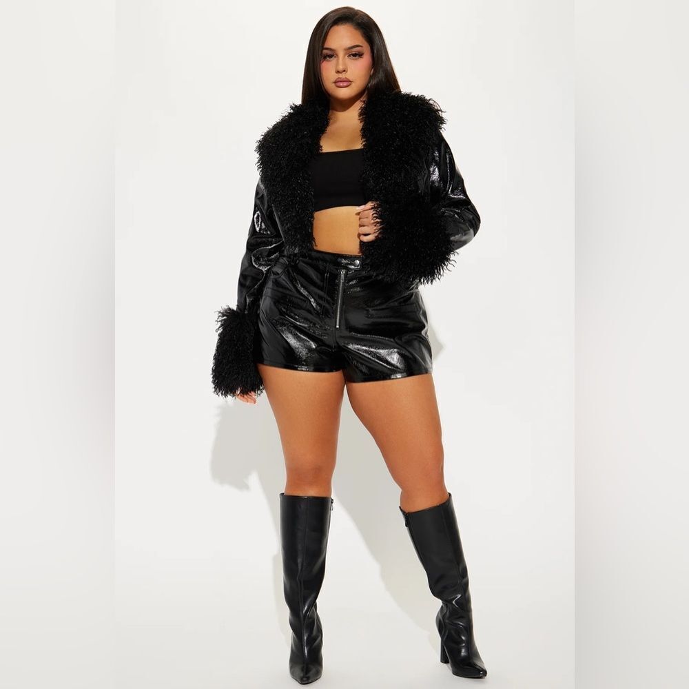 Fiona Faux Leather Fur Trim Short Set - Black